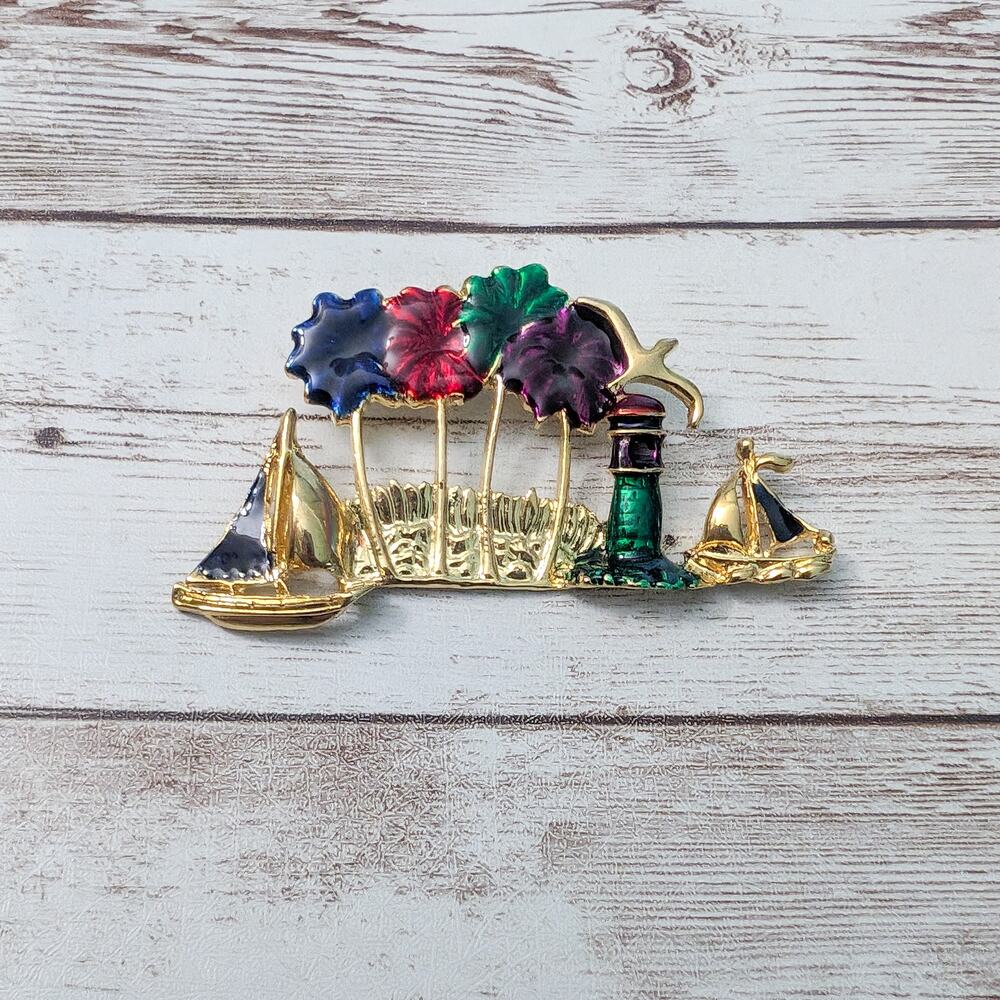 Vintage Brooch / Pin - Large Statement Boat and Seaside Theme